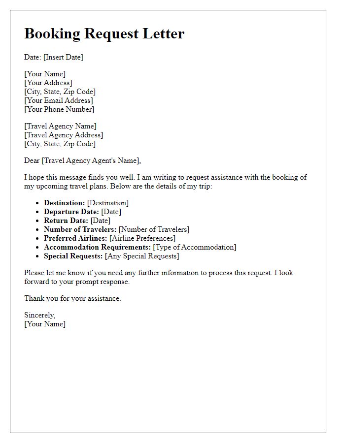 Letter template of booking request for travel agency assistance