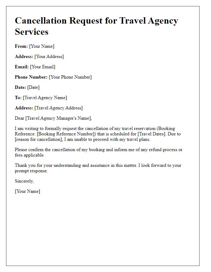 Letter template of cancellation request for travel agency services