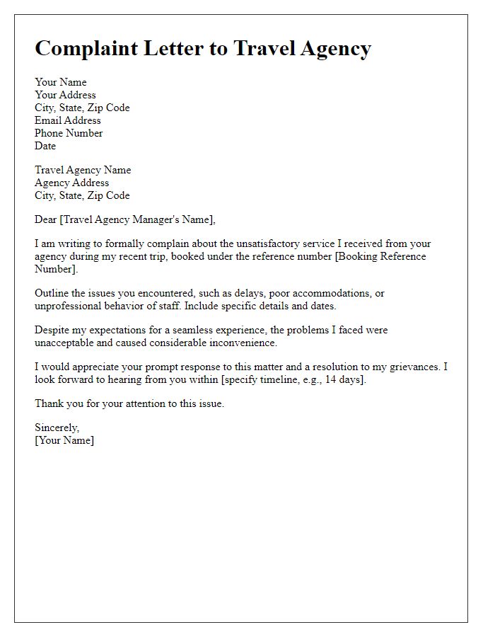 Letter template of complaint regarding travel agency service