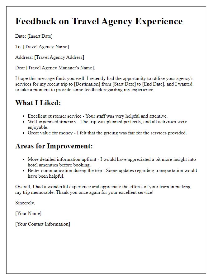 Letter template of feedback for travel agency experience