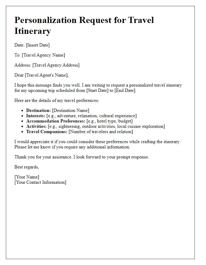 Letter template of personalization request for travel agency itinerary