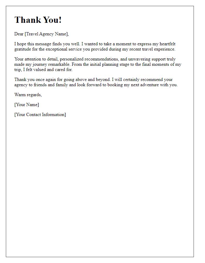 Letter template of thank you for exceptional travel agency service