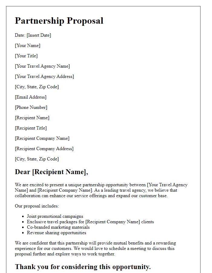 Letter template of travel agency brochure partnership proposal.