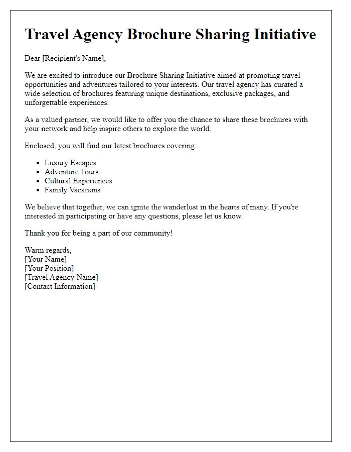 Letter template of travel agency brochure sharing initiative.