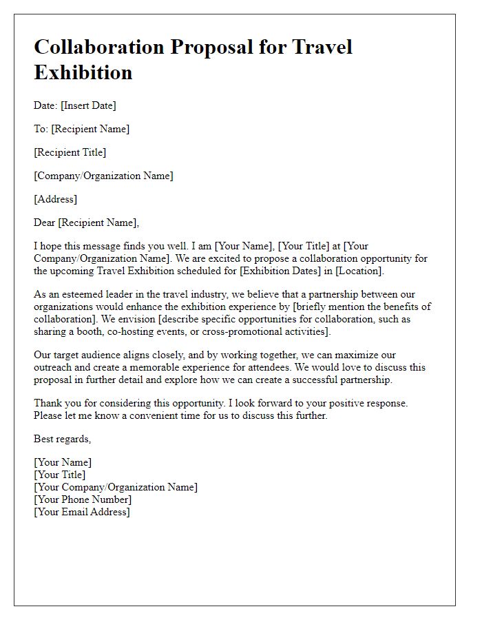 Letter template of collaboration proposal for travel exhibition.