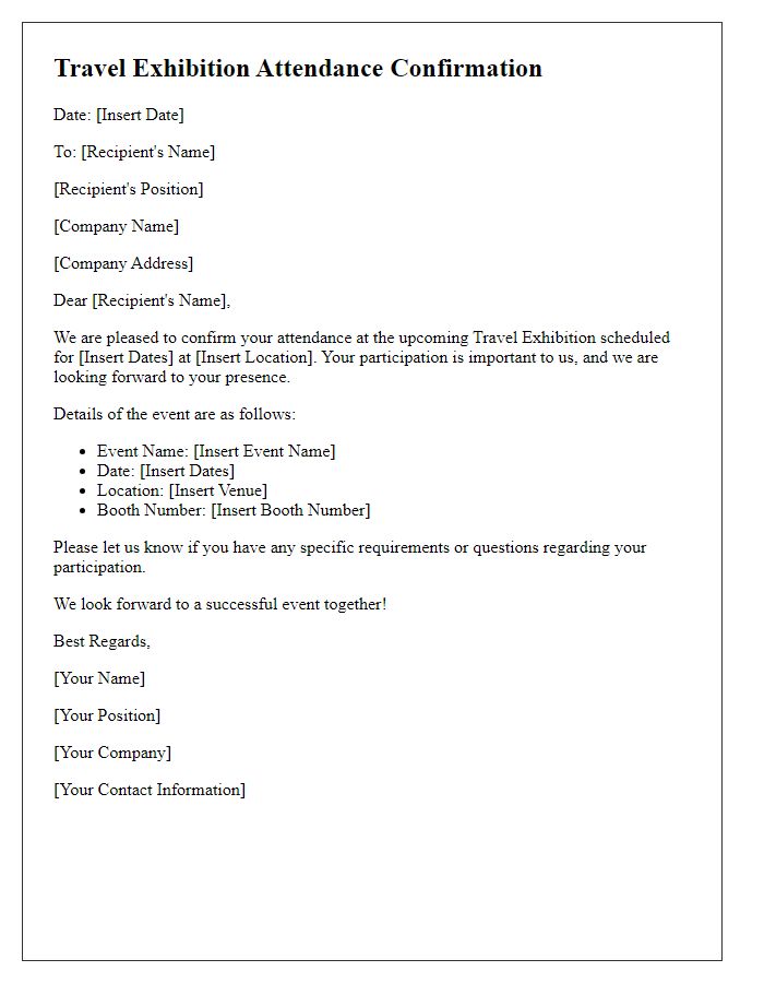 Letter template of confirmation of travel exhibition attendance.