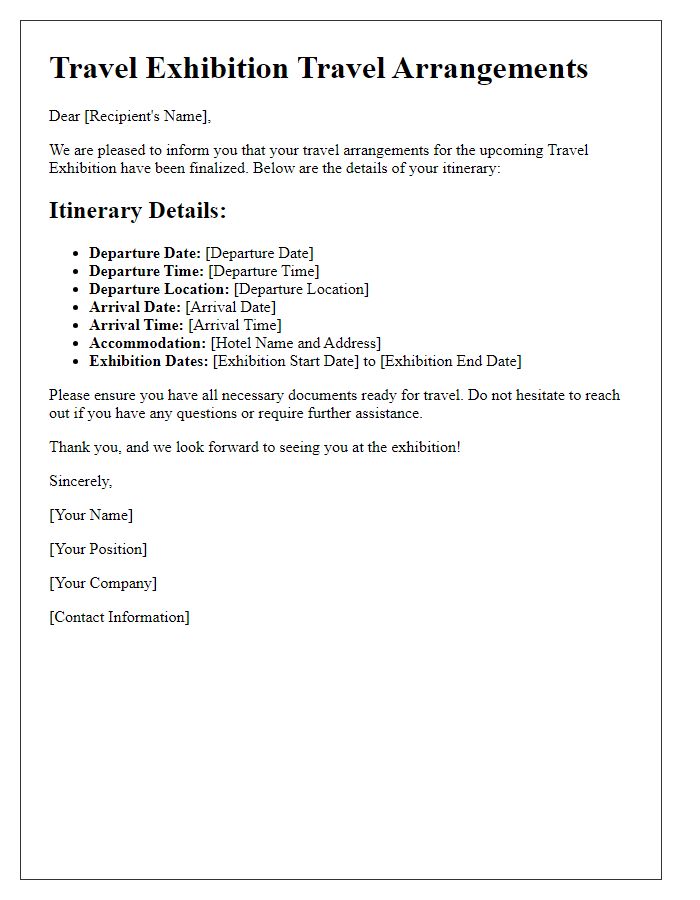 Letter template of notification for travel exhibition travel arrangements.