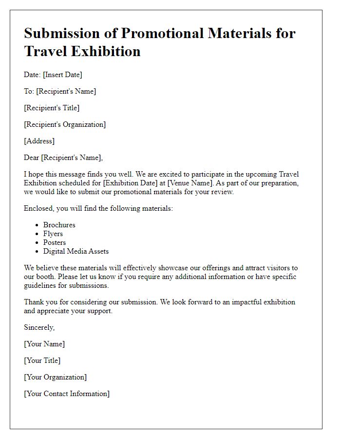 Letter template of promotional materials submission for travel exhibition.