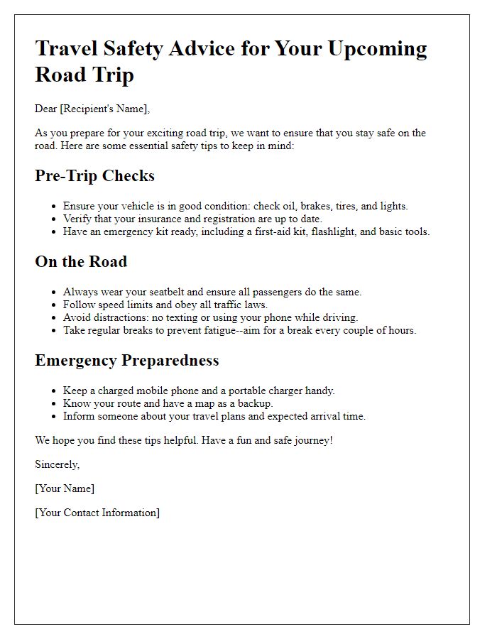 Letter template of travel safety advice for road trips.