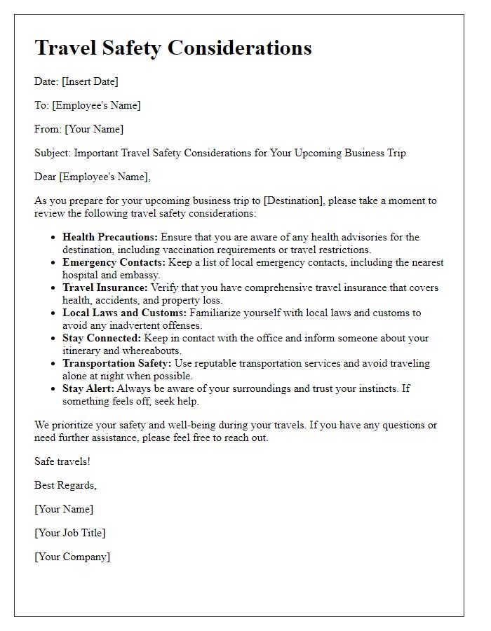 Letter template of travel safety considerations for business trips.