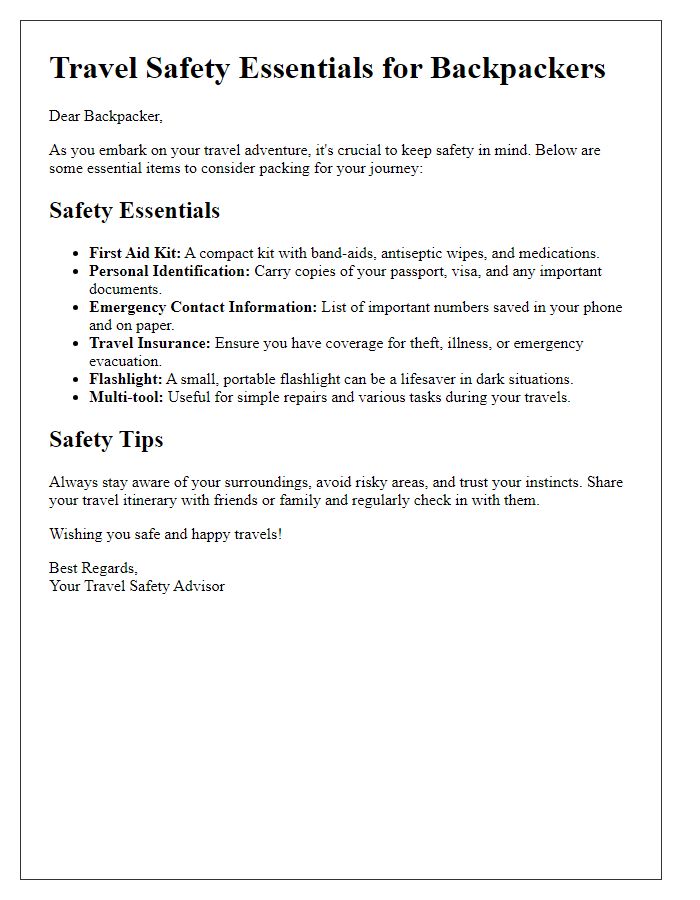 Letter template of travel safety essentials for backpackers.