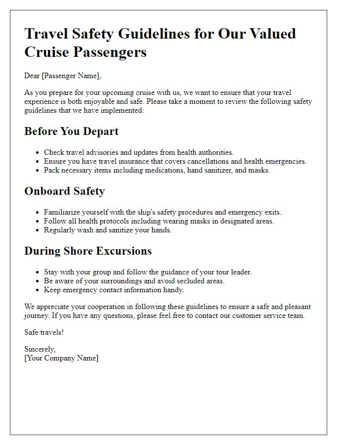 Letter template of travel safety guidelines for cruise passengers.