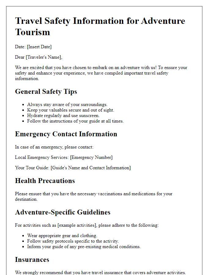 Letter template of travel safety information for adventure tourism.