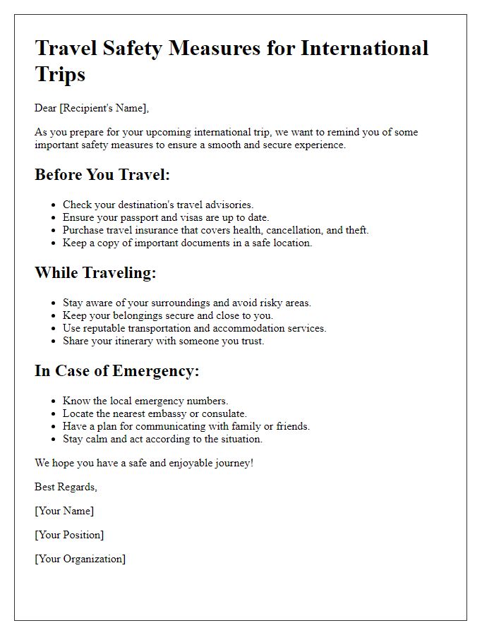 Letter template of travel safety measures for international trips.