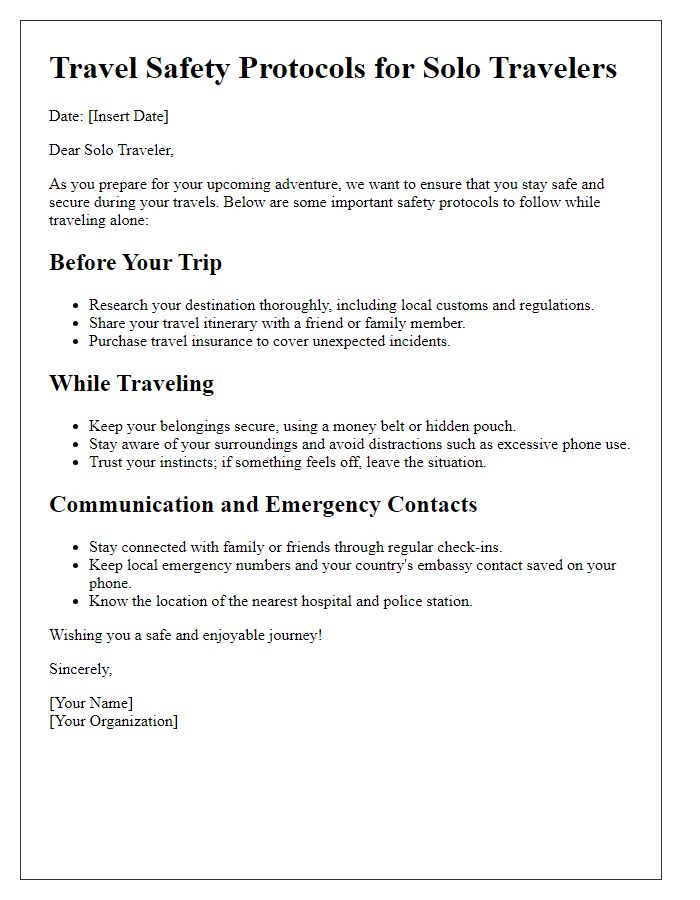 Letter template of travel safety protocols for solo travelers.