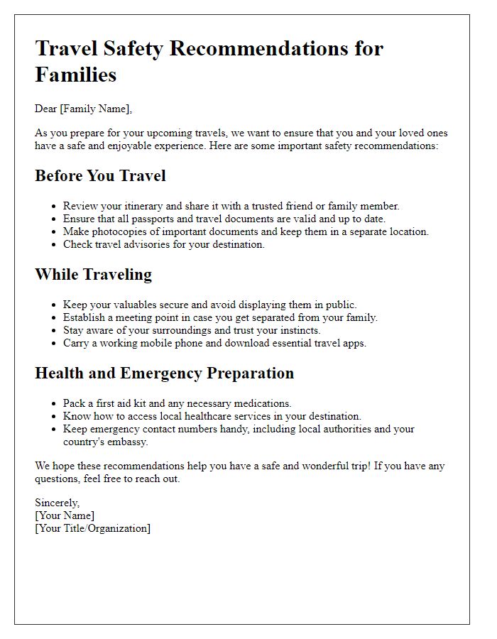 Letter template of travel safety recommendations for families.