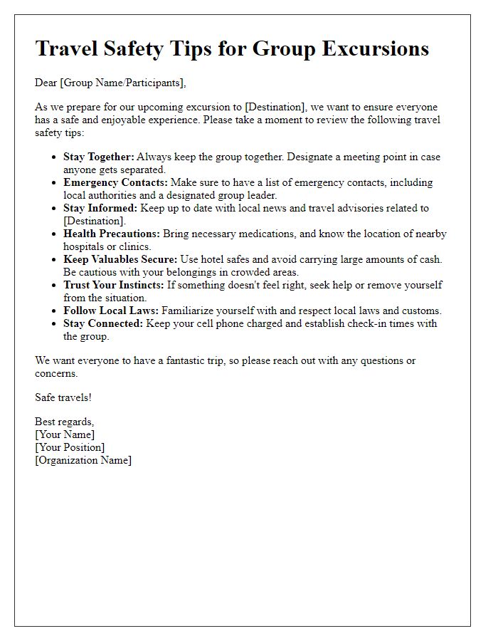 Letter template of travel safety tips for group excursions.