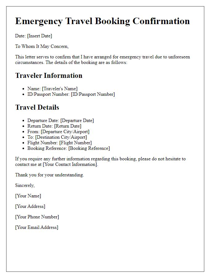 Letter template of emergency travel booking for sudden trips.