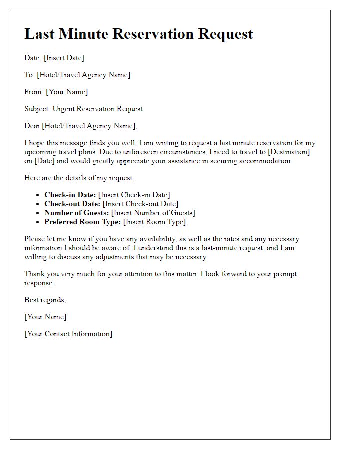 Letter template of last minute reservation request for travel plans.