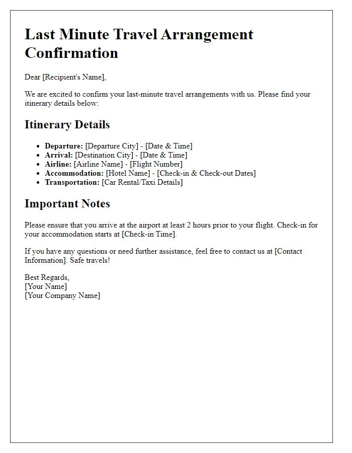 Letter template of on-the-go travel arrangements for last minute bookings.