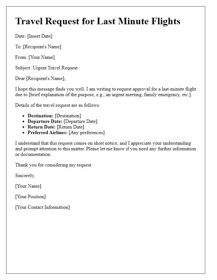 Letter template of prompt travel request for last minute flights.