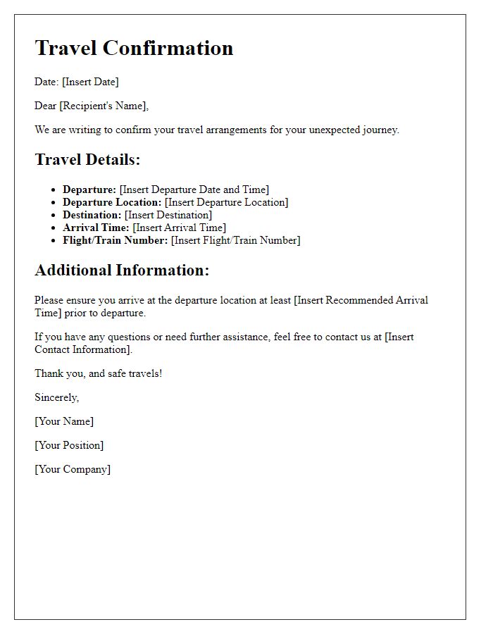 Letter template of rapid travel confirmation for unexpected journeys.