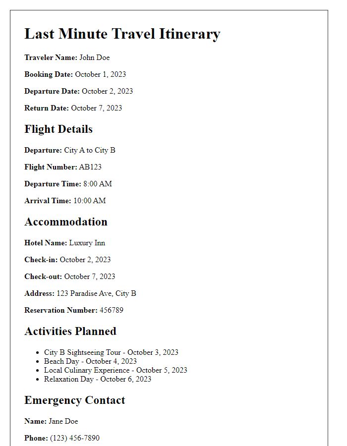 Letter template of swift travel itinerary for last minute travel needs.