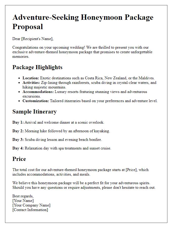 Letter template of adventure-themed honeymoon package proposal