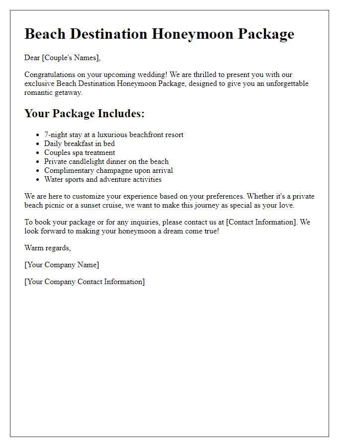 Letter template of beach destination honeymoon package