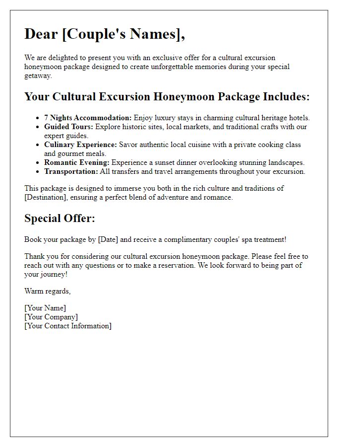 Letter template of cultural excursion honeymoon package offer