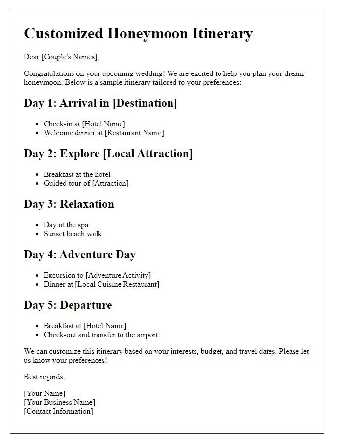 Letter template of customizable honeymoon itineraries offer