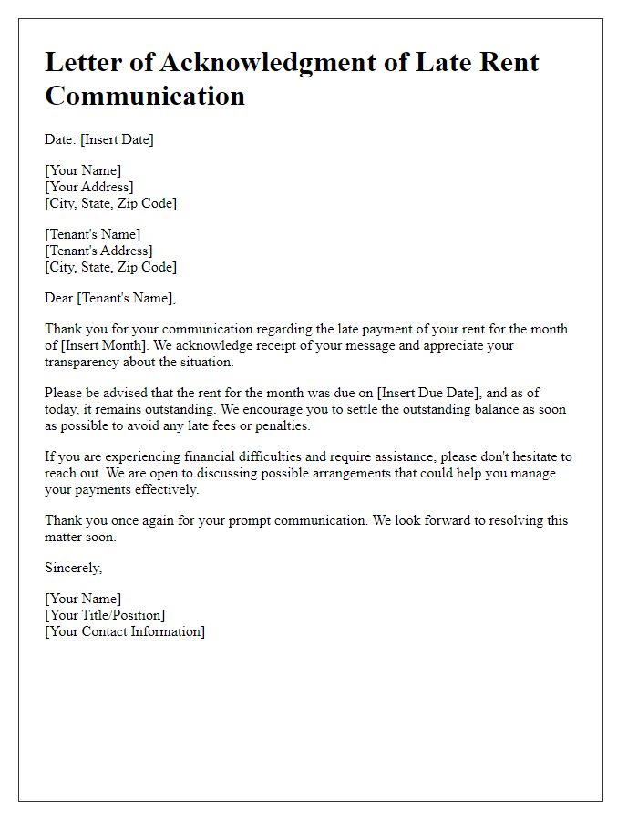 Letter template of Acknowledgment of Late Rent Communication