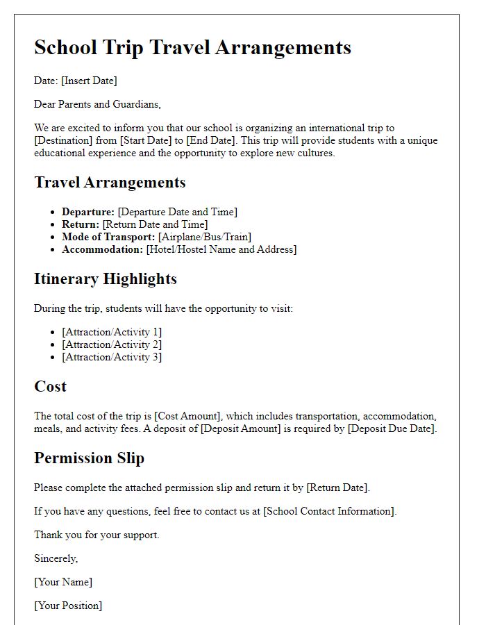 Letter template of school trip travel arrangements for international trips.