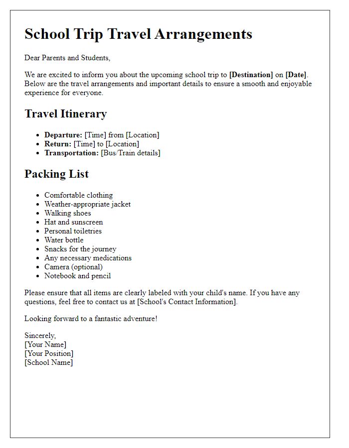 Letter template of school trip travel arrangements with packing list.