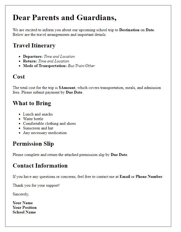 Letter template of school trip travel arrangements for parents.