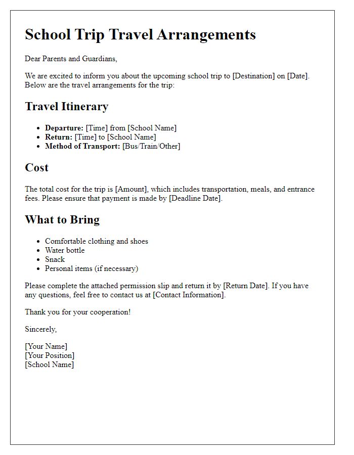 Letter template of school trip travel arrangements for students.