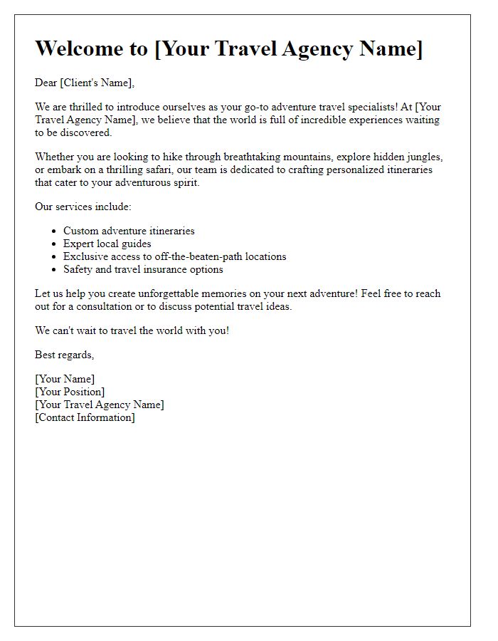 Letter template of a travel agent introductory letter for adventure travel.