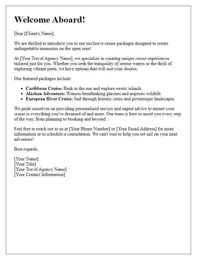 Letter template of a travel agent introductory letter for cruise packages.