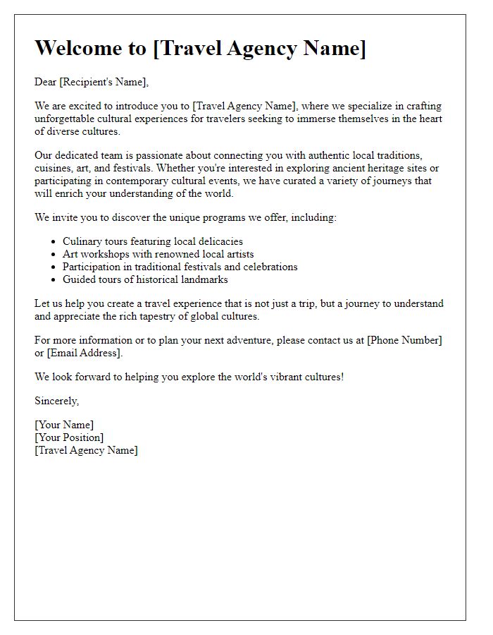 Letter template of a travel agent introductory letter for cultural experiences.