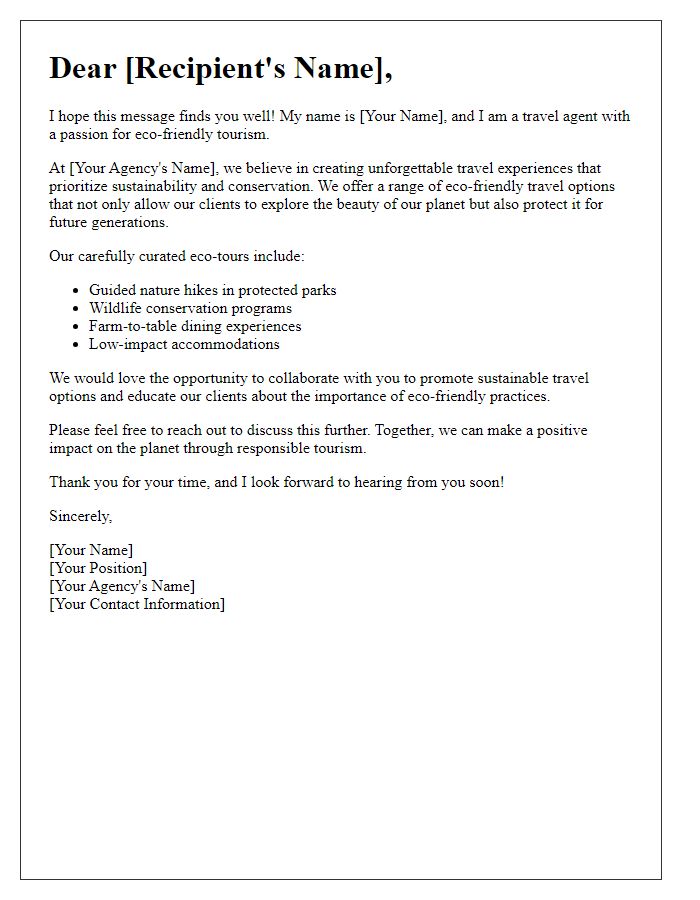 Letter template of a travel agent introductory letter for eco-friendly tourism.