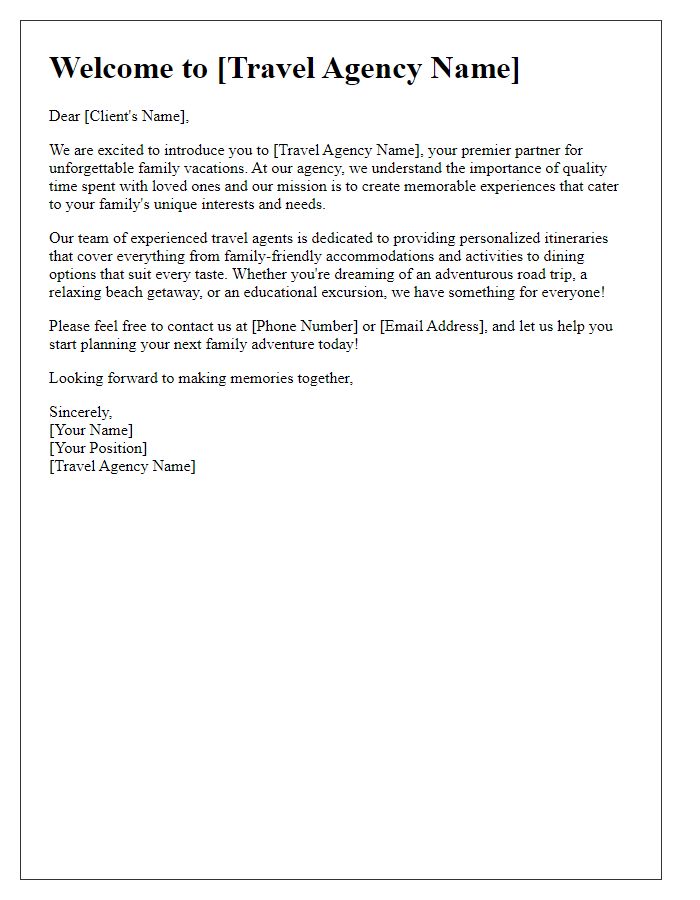 Letter template of a travel agent introductory letter for family trips.