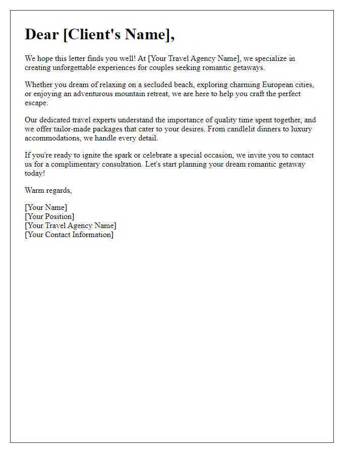 Letter template of a travel agent introductory letter for romantic getaways.