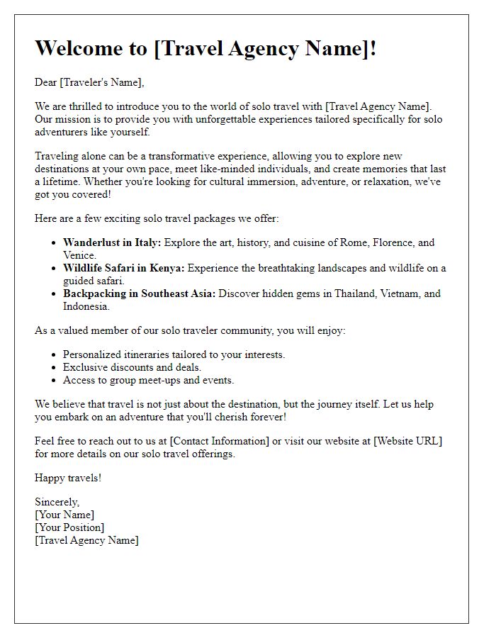 Letter template of a travel agent introductory letter for solo travelers.