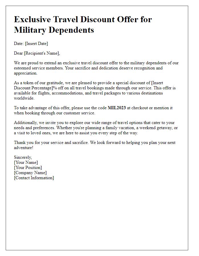 Letter template of military travel discount offer for military dependents.