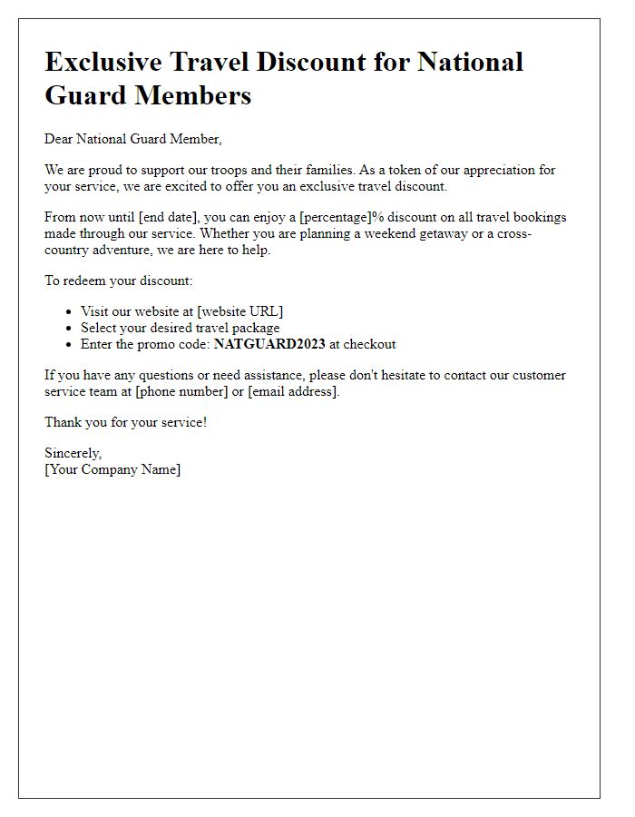 Letter template of military travel discount offer for National Guard members.