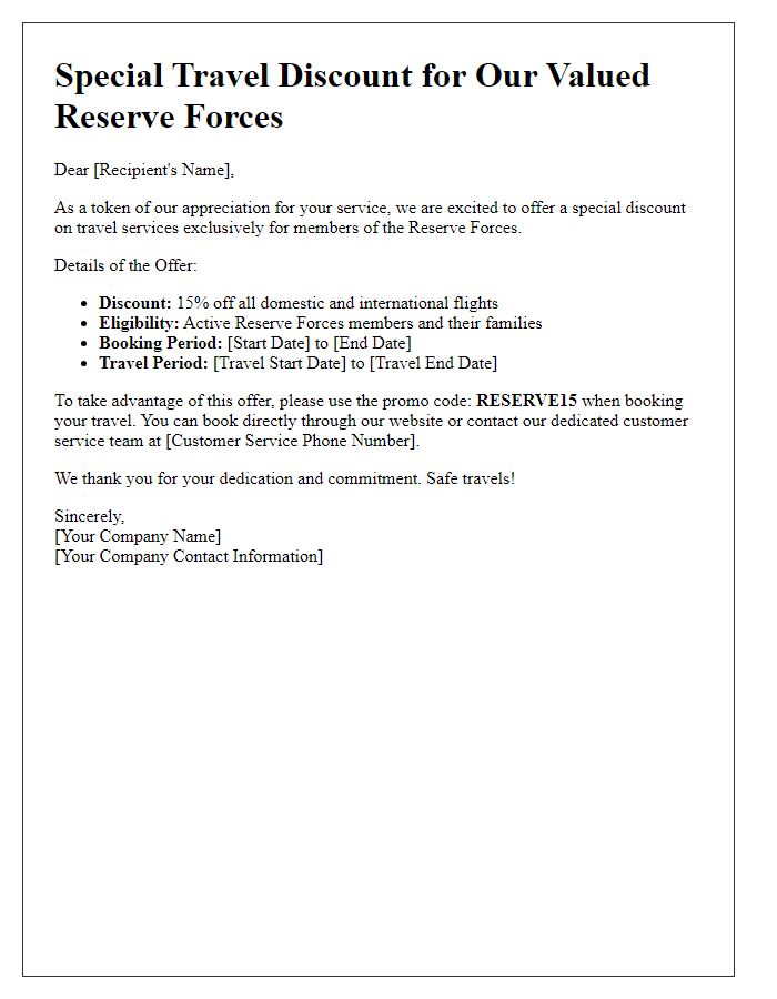 Letter template of military travel discount offer for reserve forces.