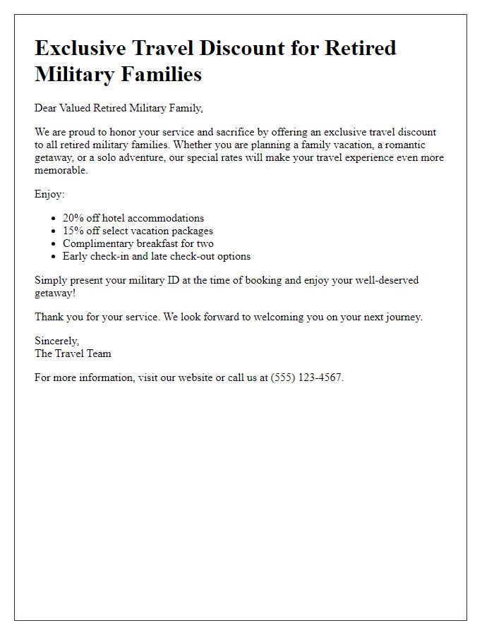 Letter template of military travel discount offer for retired military families.