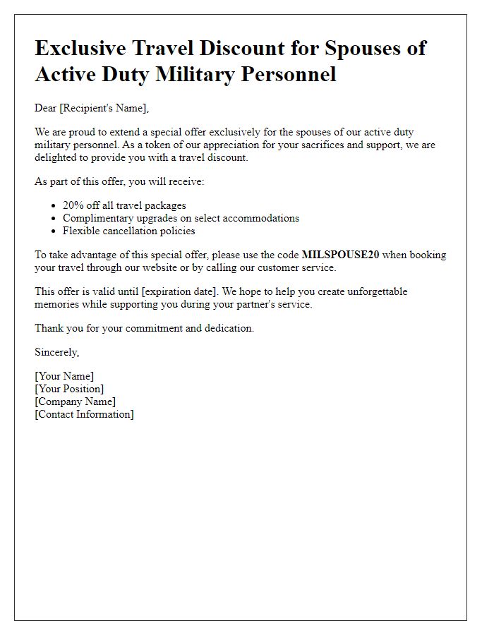 Letter template of military travel discount offer for spouses of active duty personnel.