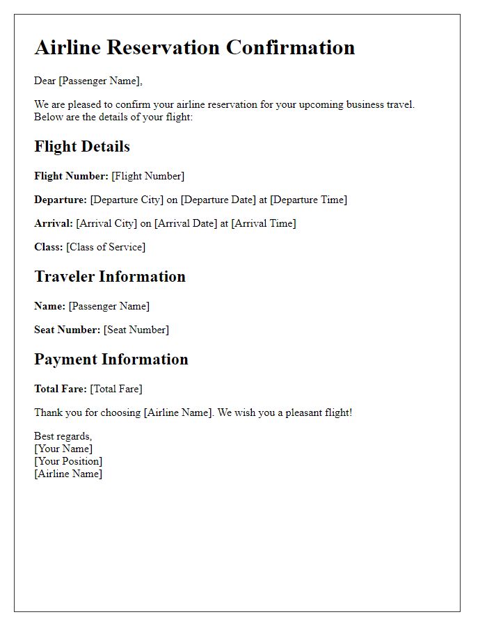 Letter template of airline reservation confirmation for business travel.