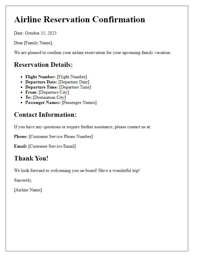 Letter template of airline reservation confirmation for family vacation.